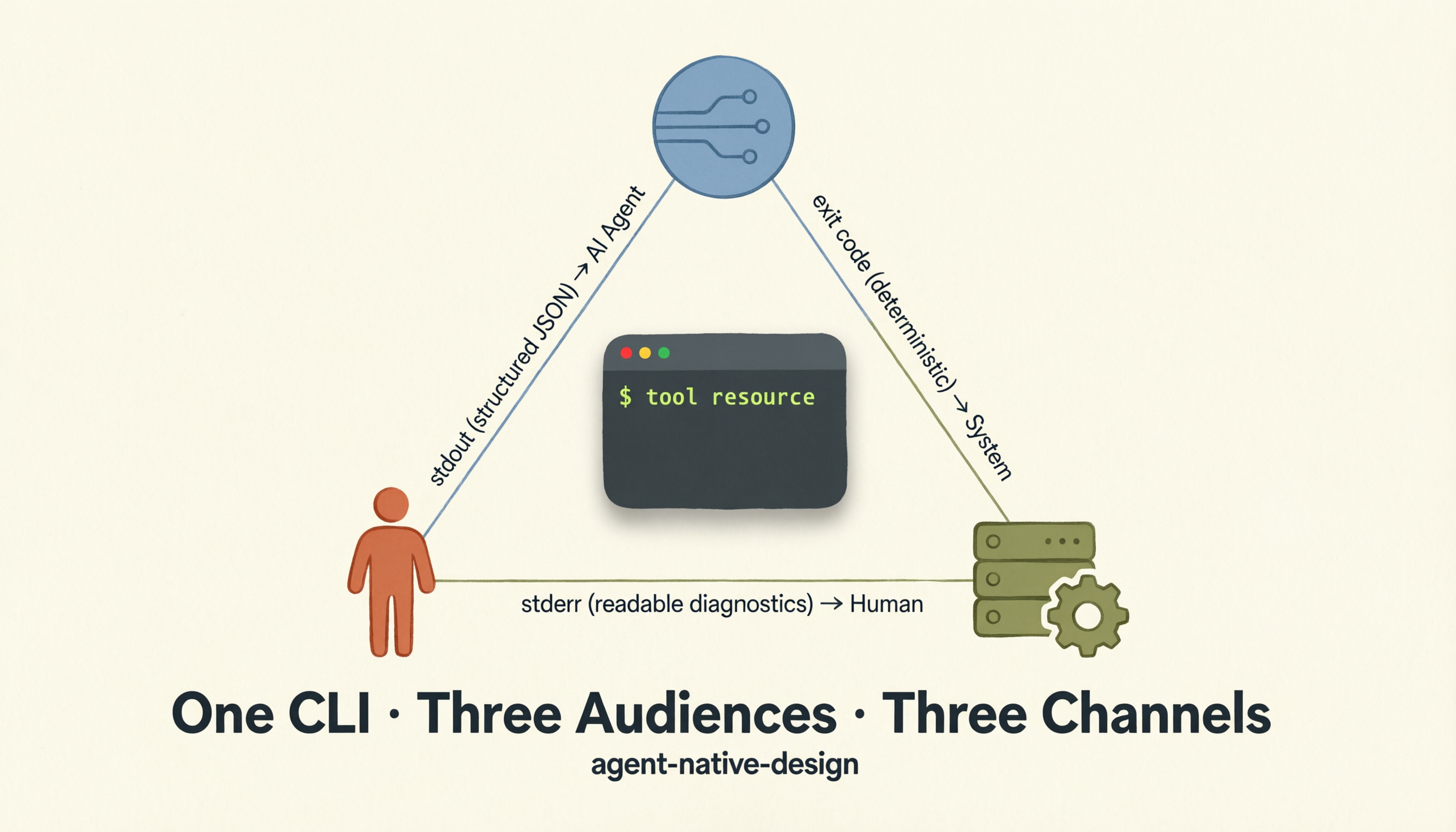 One CLI serving three audiences: stderr to humans, stdout JSON to AI agents, exit codes to systems