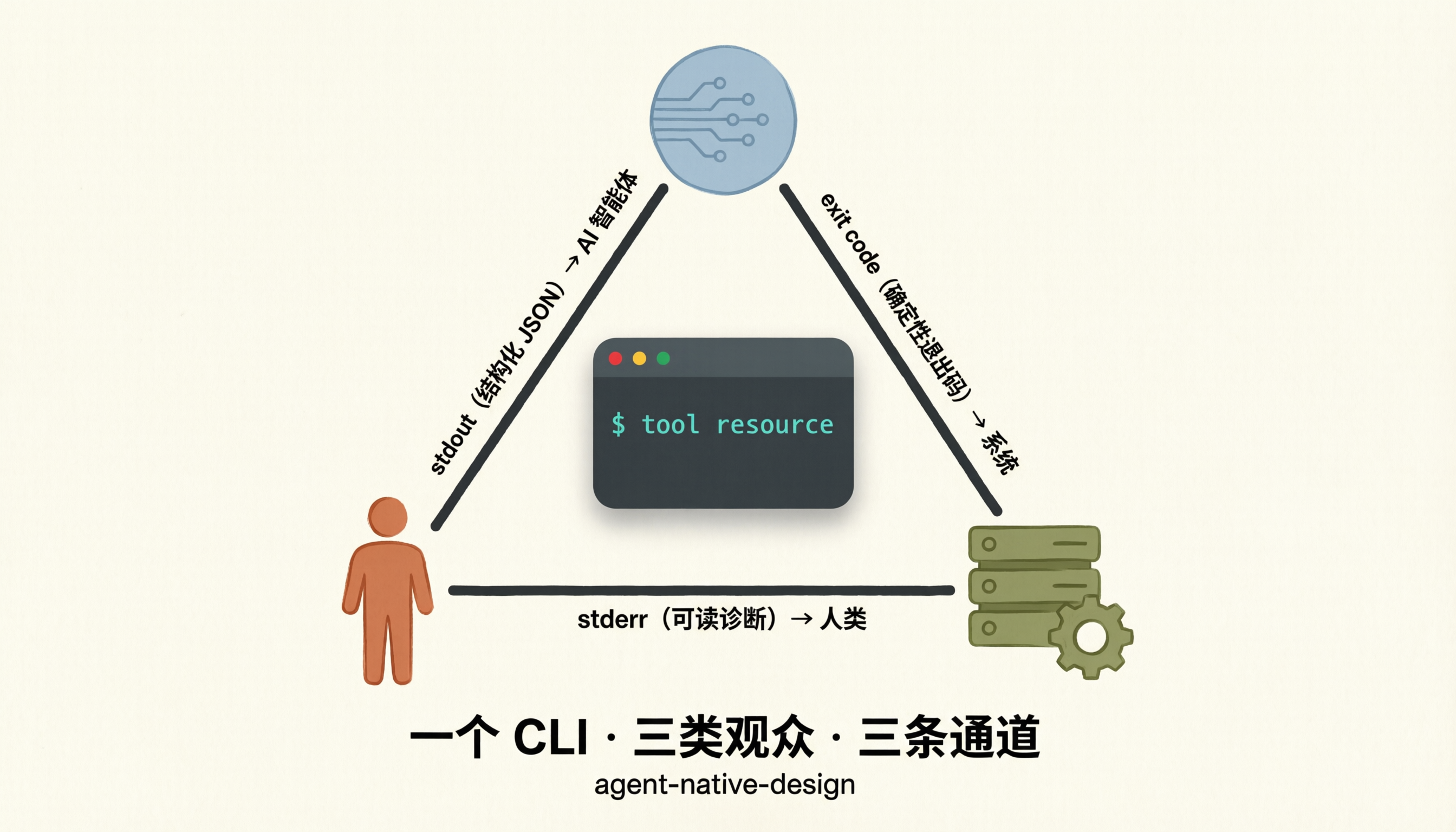 一个 CLI 同时服务三类观众：stderr 给人类、stdout JSON 给 AI 智能体、退出码给系统